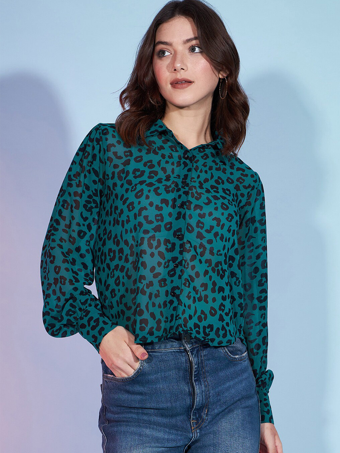 DressBerry Teal Animal Print Cuffed Sleeve Georgette Shirt Style Top