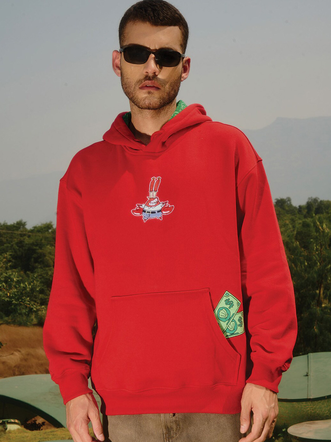 Bonkers Corner Red Mr.Krabs Printed Hooded Cotton Sweatshirt