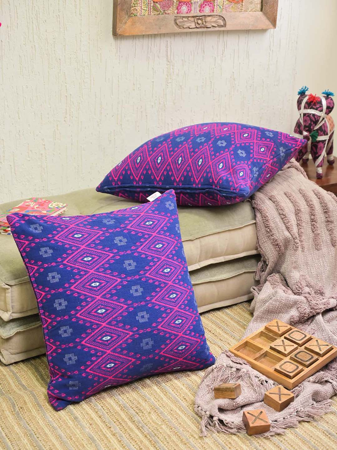 Needles Play Blue Geometric Cotton Breathable 2 Pcs Textured Cushion Covers -20x20In