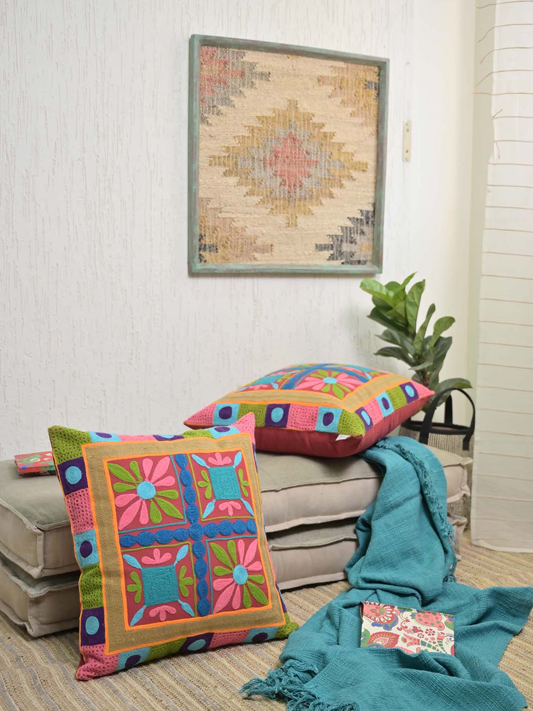 Needles Play Maroon & Blue 2 Pieces Embroidered Cotton Square Cushion Covers