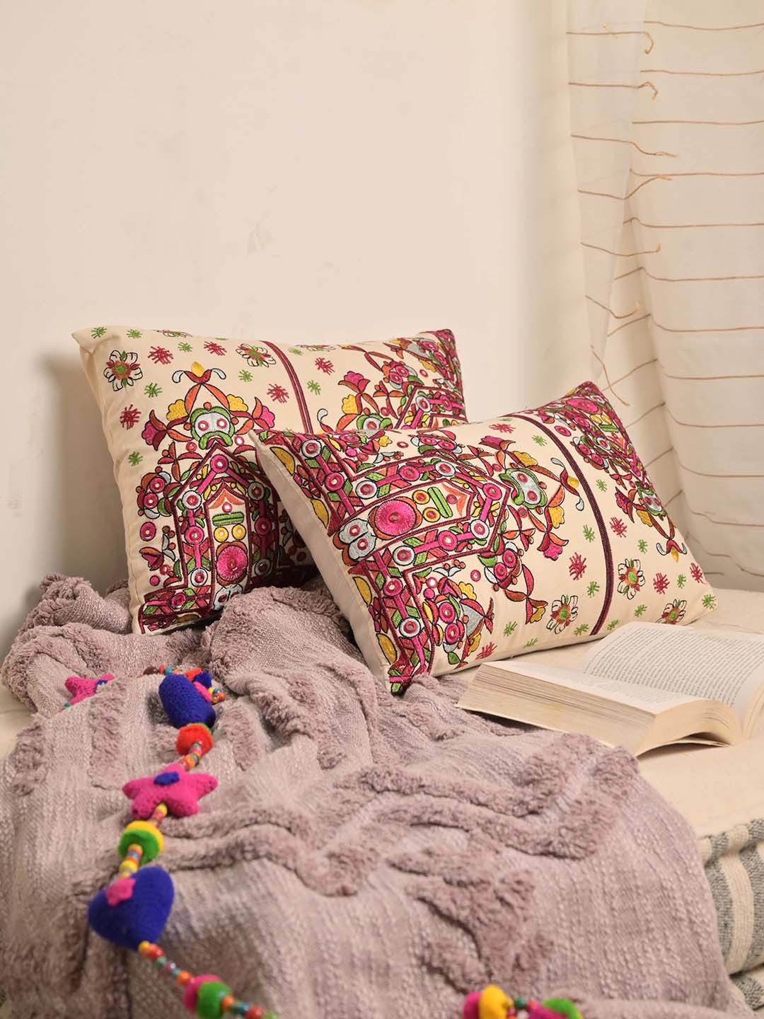 Needles Play Ethnic Motifs Cotton Breathable 2 Pcs Embroidered Cushion Covers -14x20In