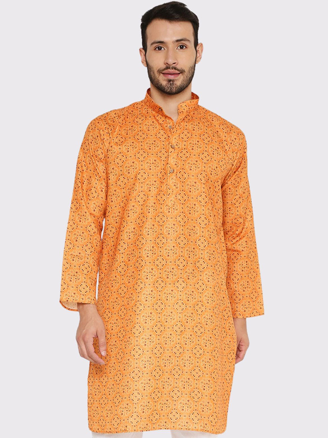 Maharaja Ethnic Motifs Printed Band Collar Cotton Linen Straight Kurta