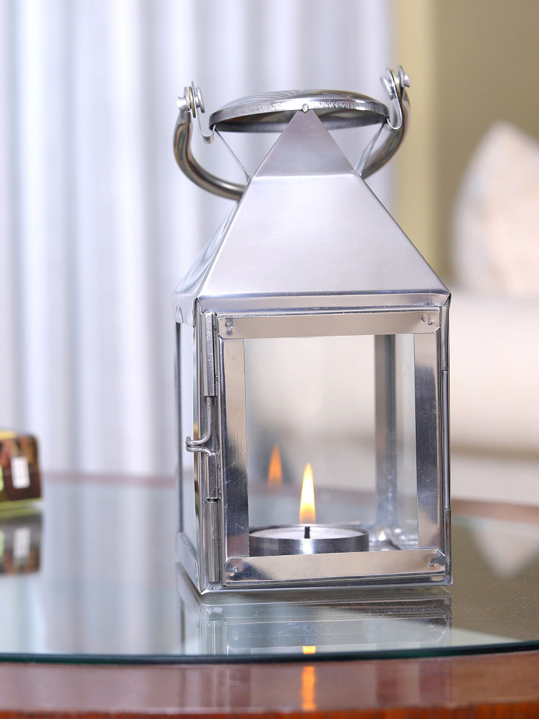 HOSLEY Silver Tone& Grey Decorative Stainless Steel Lantern Candle Holder