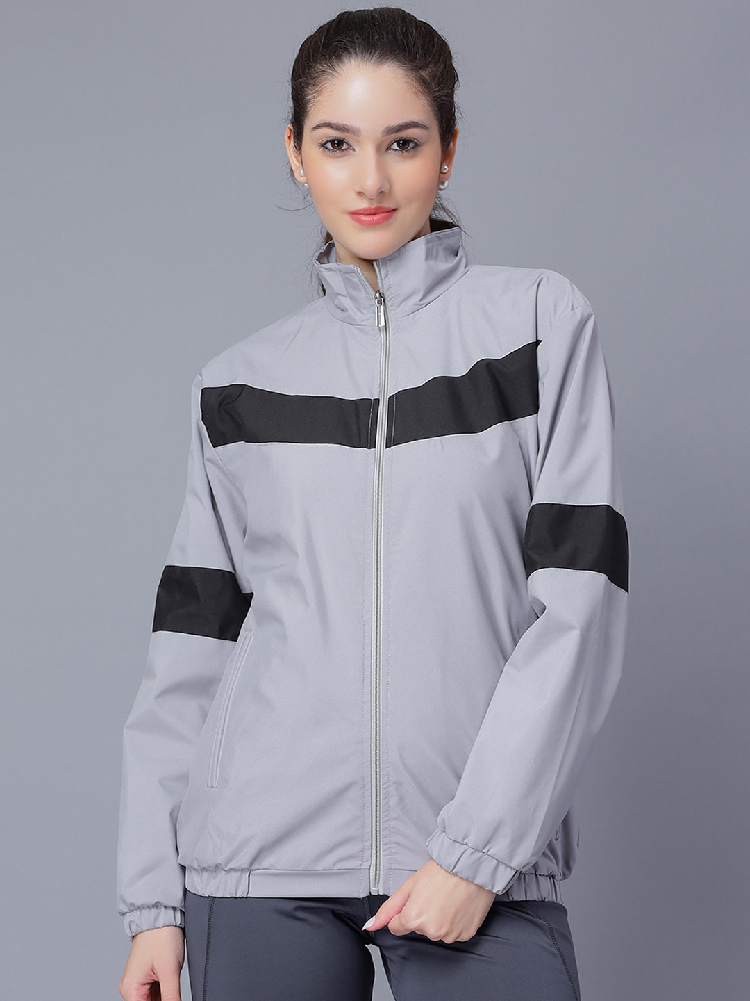 NUEVOSDAMAS Striped Stand Collar Bomber Jacket