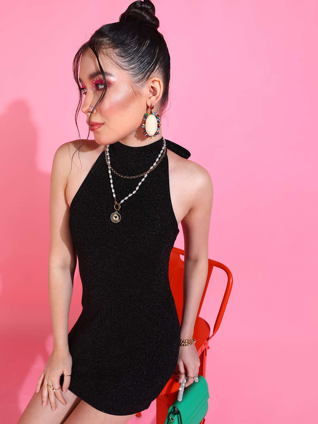 Black Solid Halter Neck Sleeveless Mini Bodycon Dress