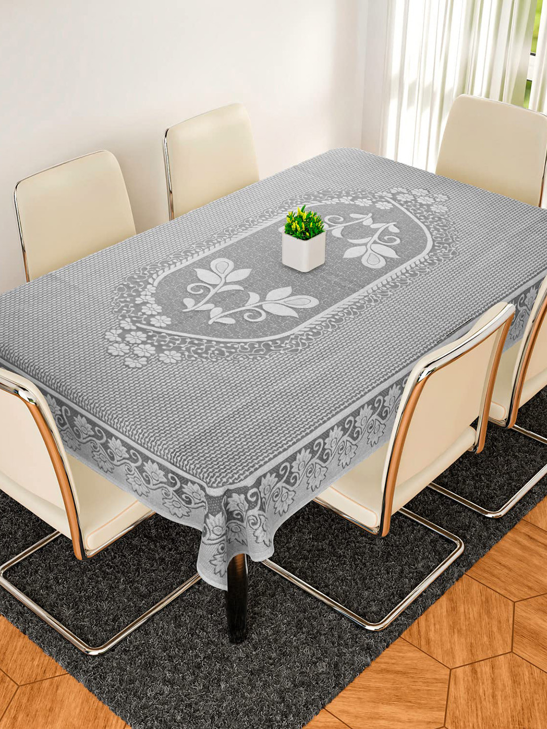 Dakshya Industries Grey Floral Self-Design Cotton 6-Seater Rectangle Table Cover