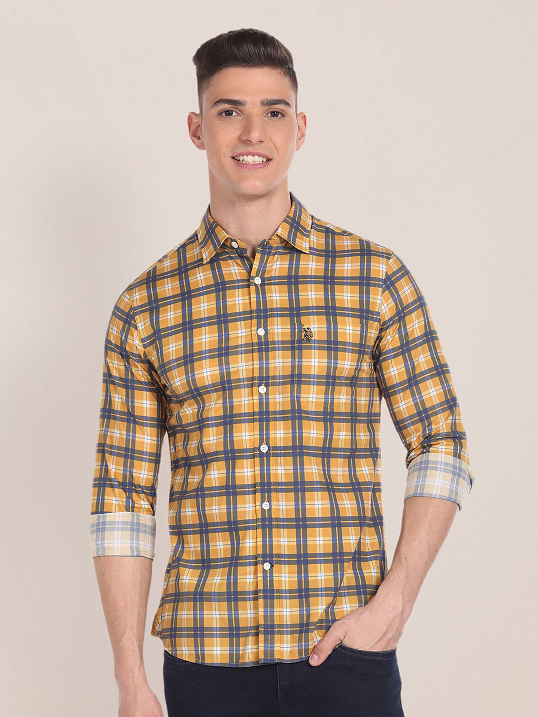 U.S. Polo Assn. Tartan Checked Spread Collar Tailored Regular Fit Pure Cotton Casual Shirt