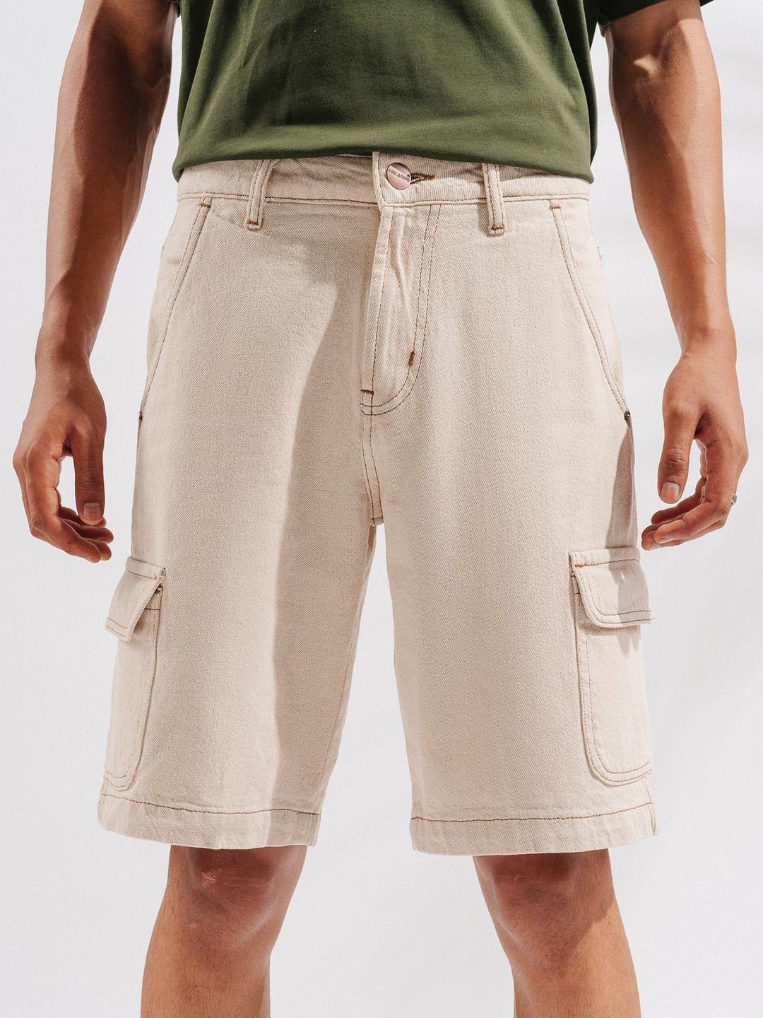 FREAKINS Beige Men High-Rise Pure Cotton Cargo Shorts