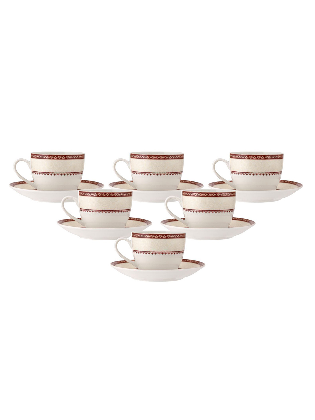 CLAY CRAFT White & Maroon 12 Pieces Printed Ceramic Glossy Cups & Saucers 180 ml Each