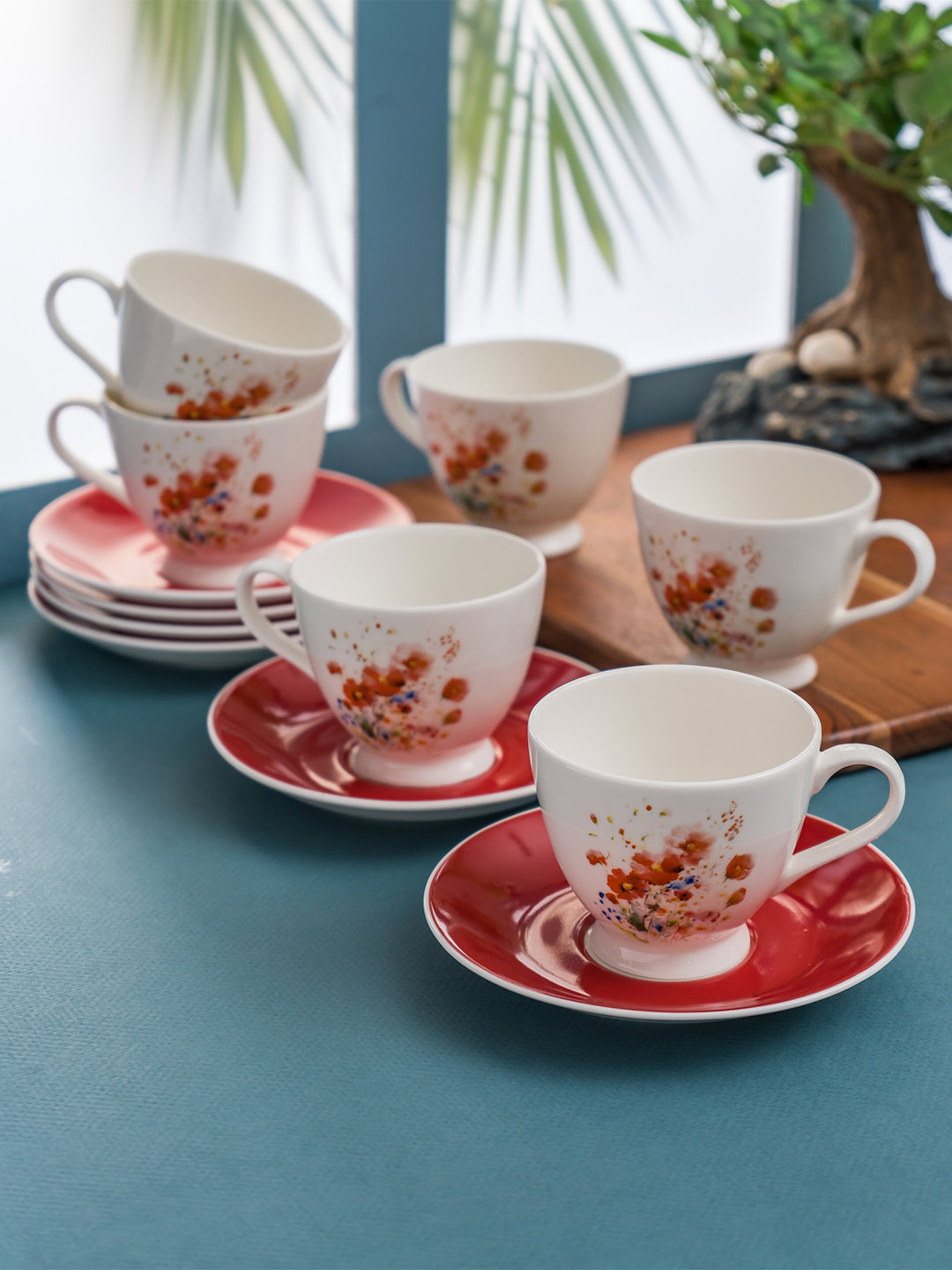 CLAY CRAFT White & Red 12 Pieces Ceramic Glossy Cup & Saucers 180ml