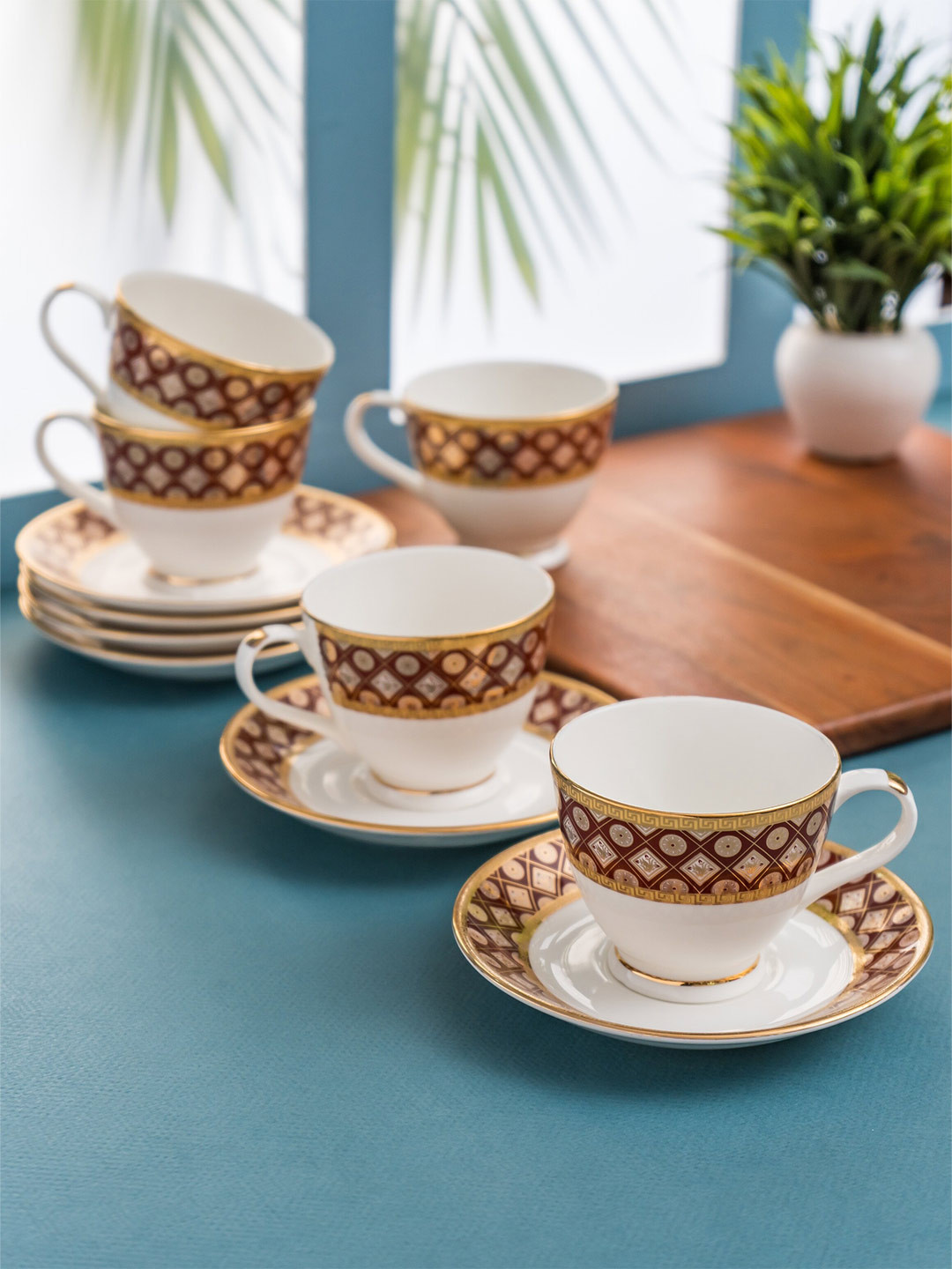 CLAY CRAFT KING ROYAL VELVET Gold-Toned 12 Pieces Printed Ceramic Glossy Cups & Saucers