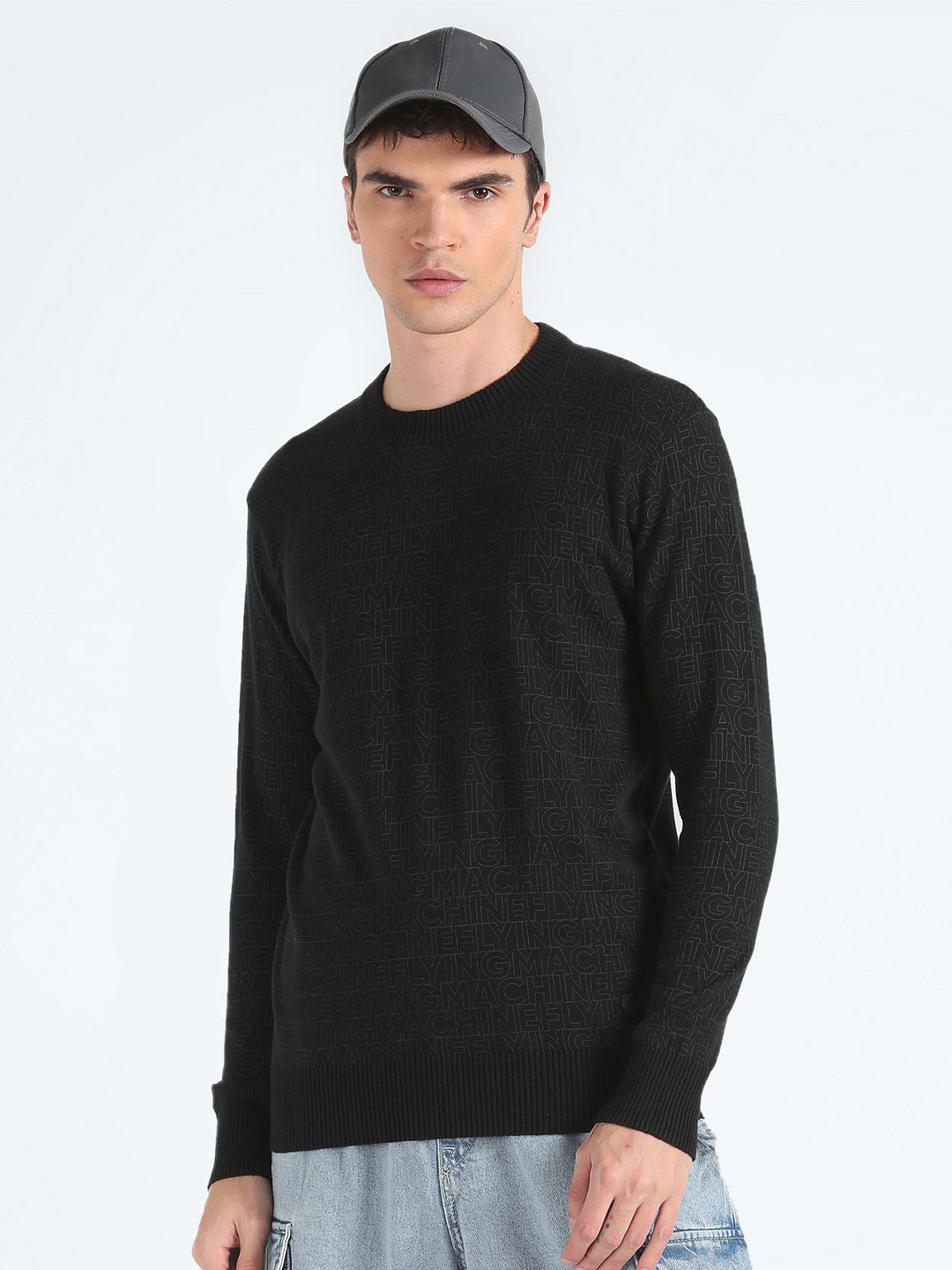 Flying Machine Typographic Printed Pure Cotton Pullover Sweater