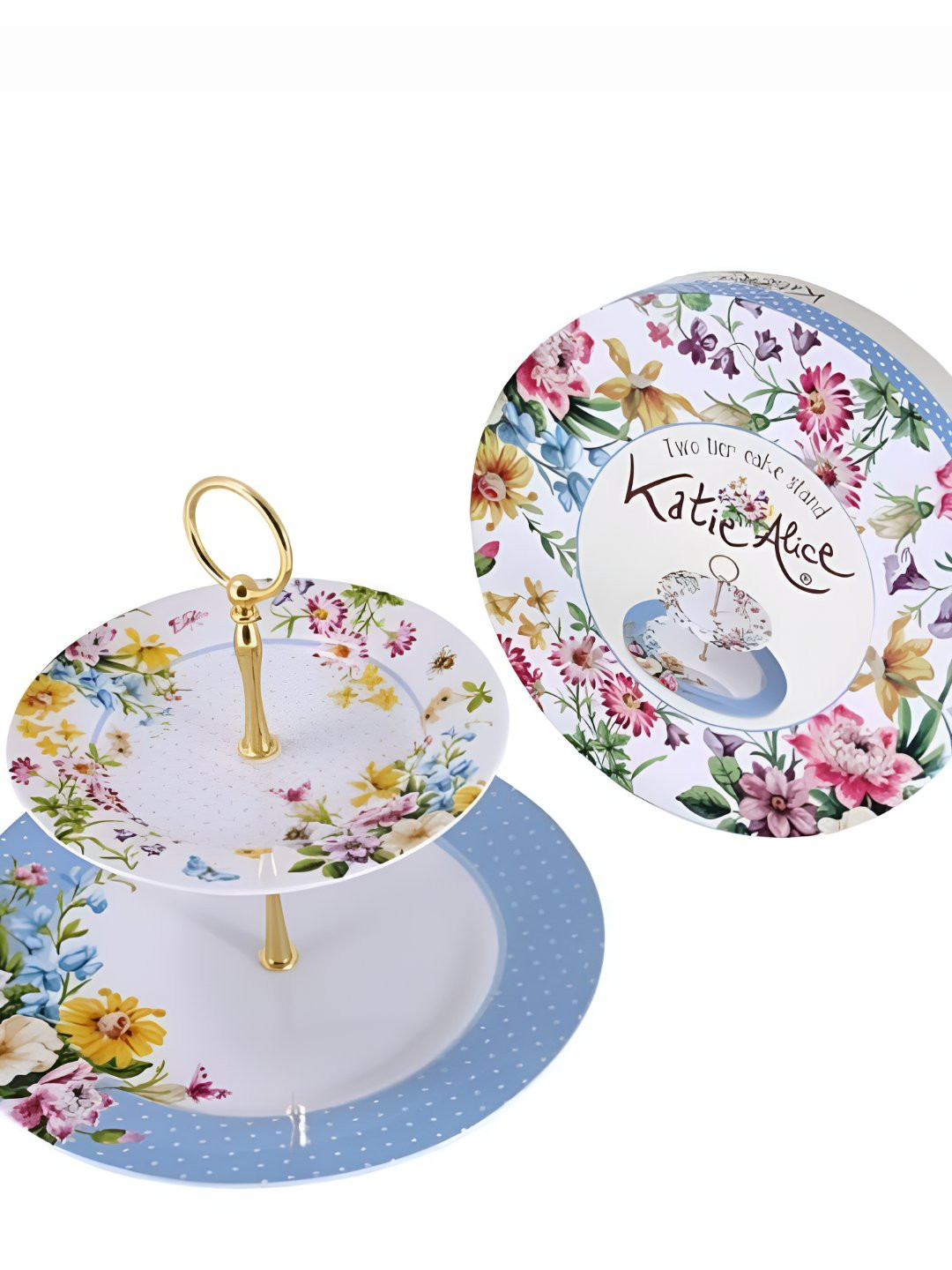 CasaGold White & Blue Floral Printed Bone China 2 Tier Cake Stand