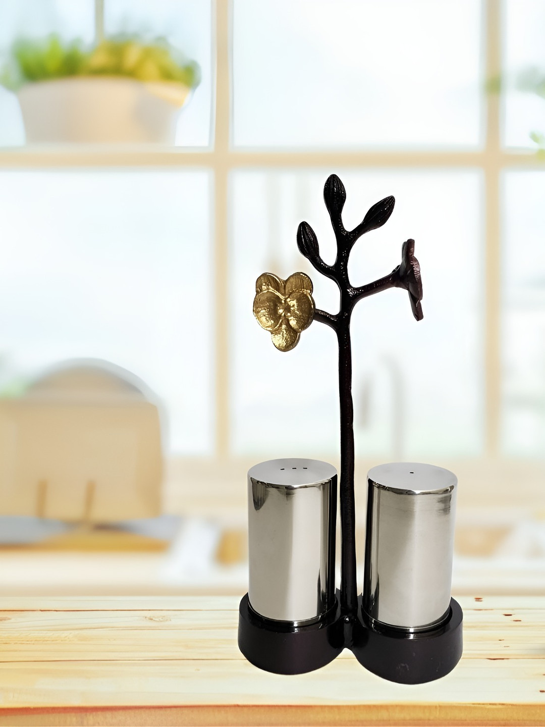 CasaGold Black Night Orchid Silver Toned & Black Stainless Steel Salt & Pepper Shaker