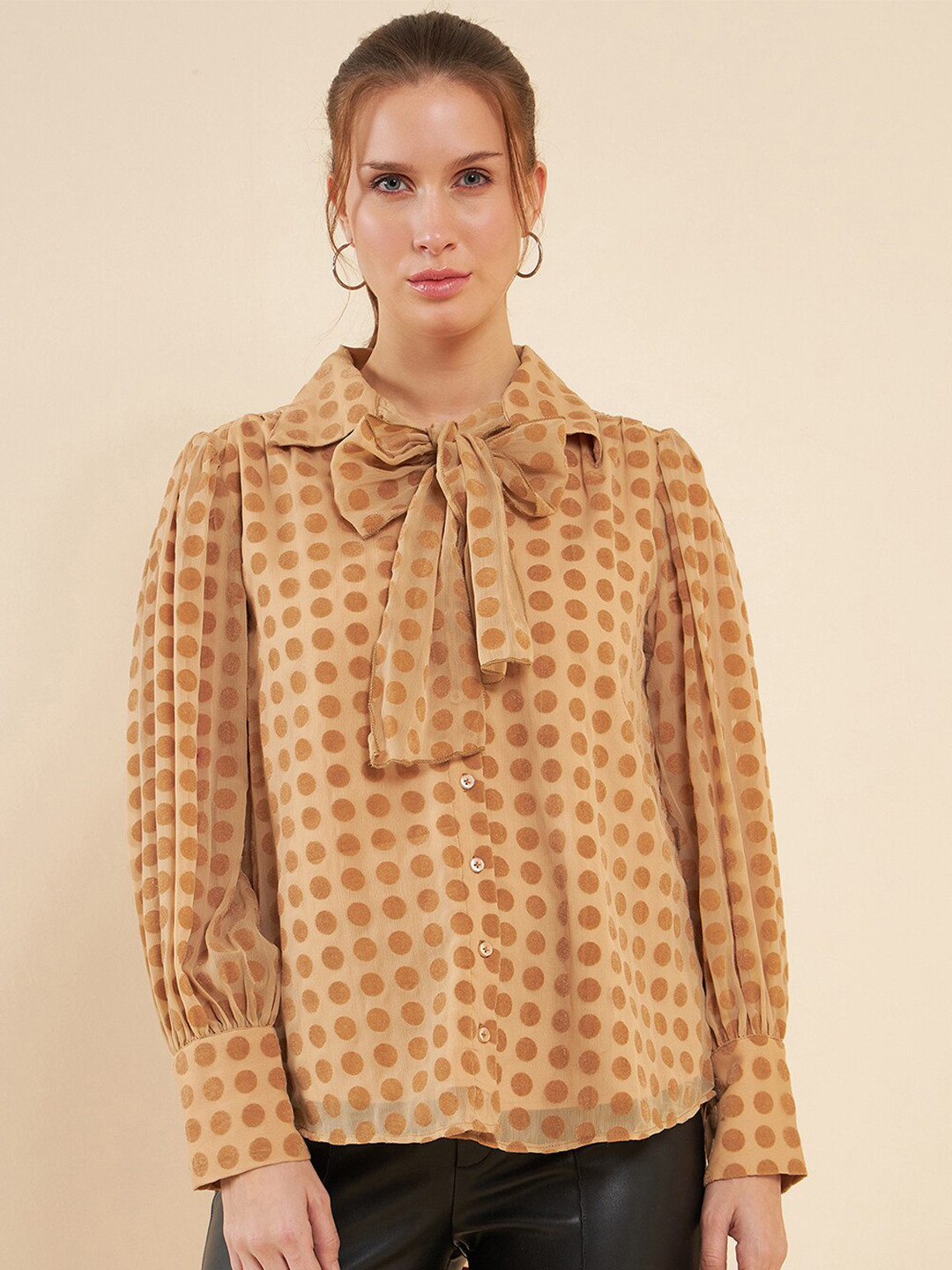 Antheaa Beige Comfort Fit Polka Dots Printed Puff Sleeves Chiffon Shirt
