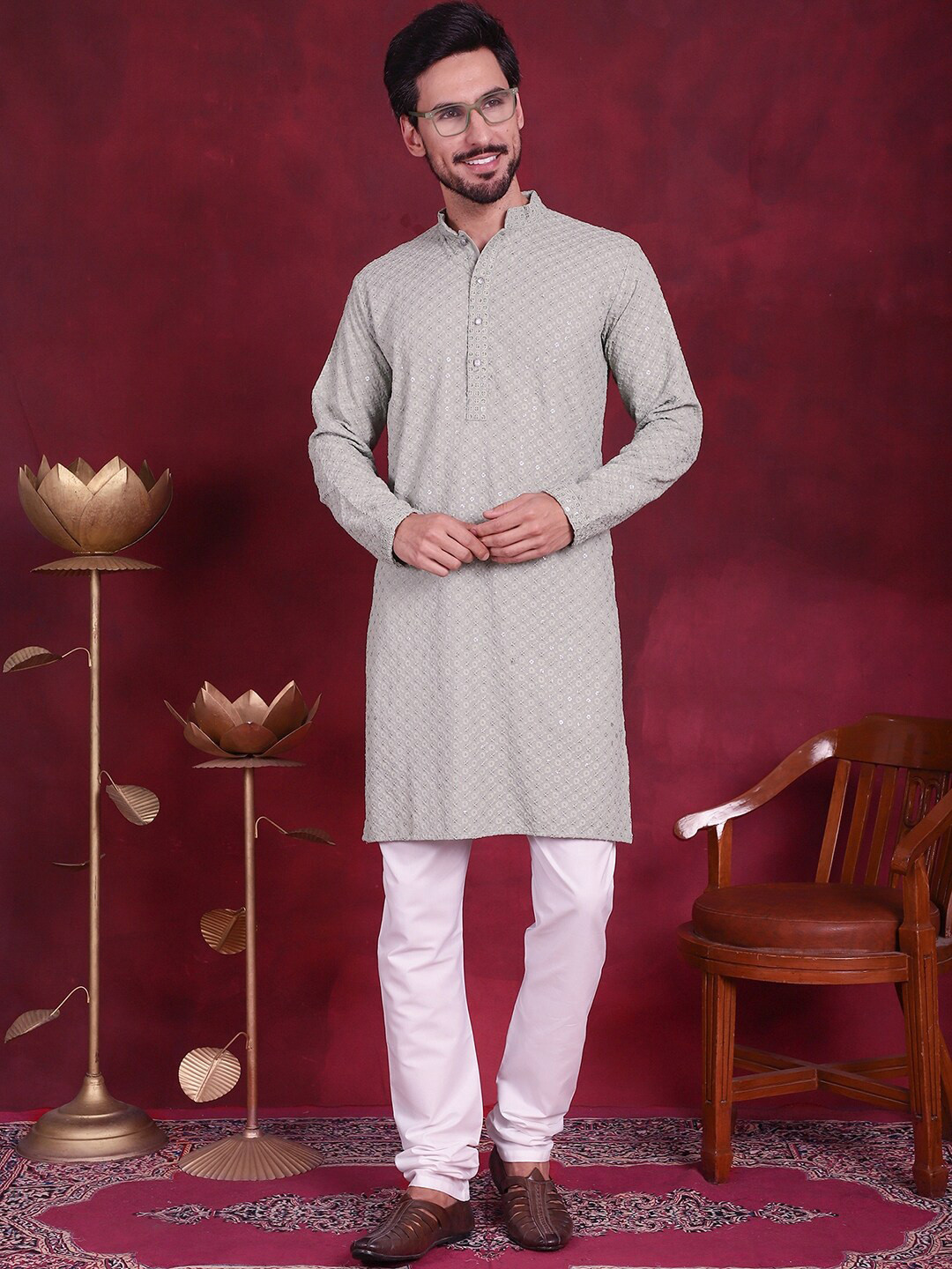 Jompers Floral Chikankari Embroidered Regular Sequinned Pure Cotton Kurta With Churidar