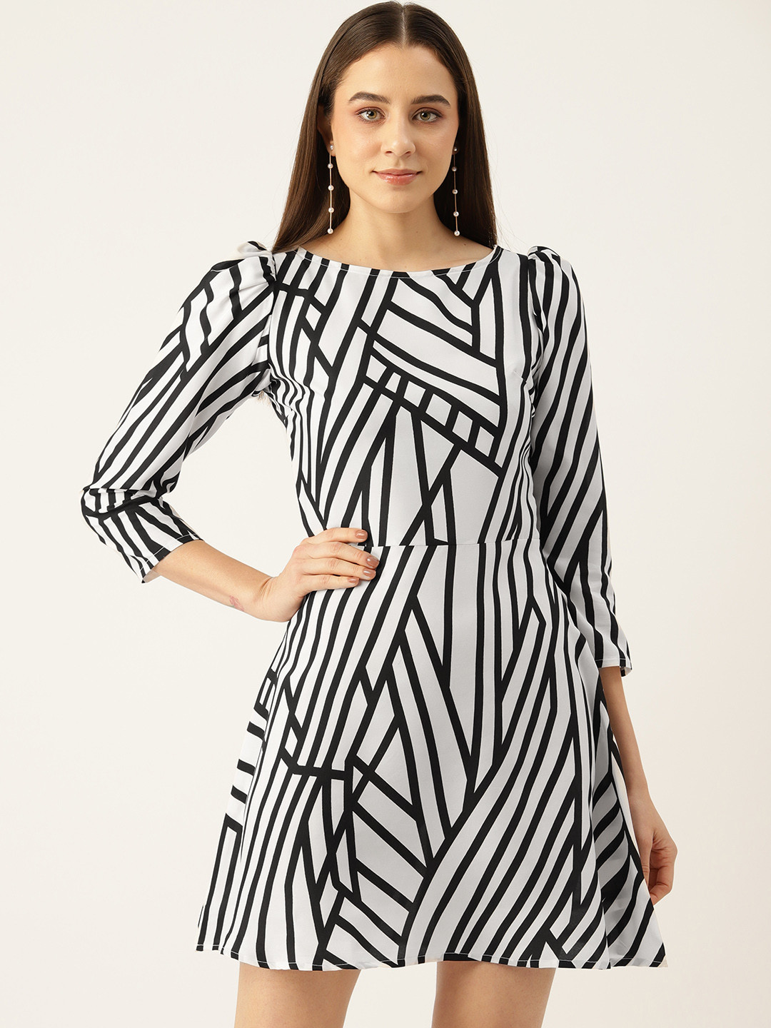 Sleek Italia Striped Puff Sleeve Crepe A-Line Mini Dress