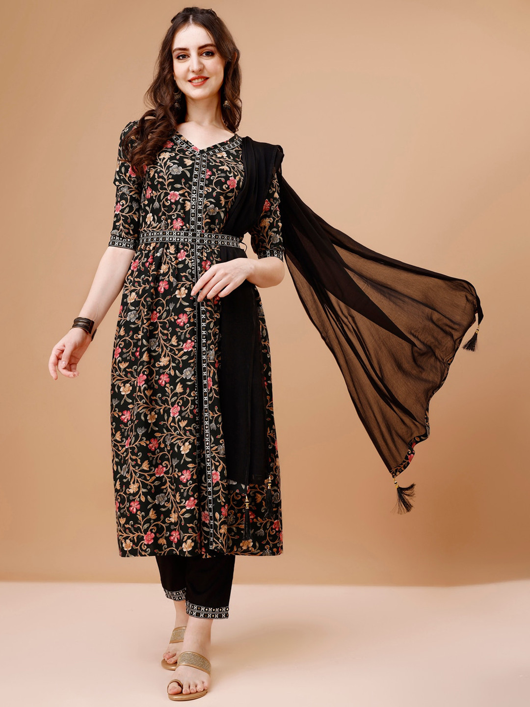 Berrylicious Printed Mirror Work High Slit Belted Kurta with Trousers & Dupatta