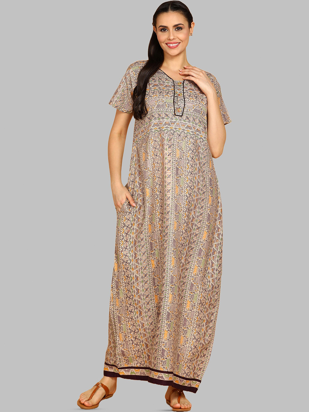Pranjul Ethnic Motifs Printed Pure Cotton Maxi Nightdress