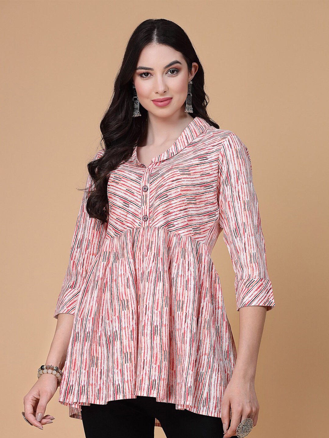 God Bless Abstract Printed Puff Sleeves Peplum Top