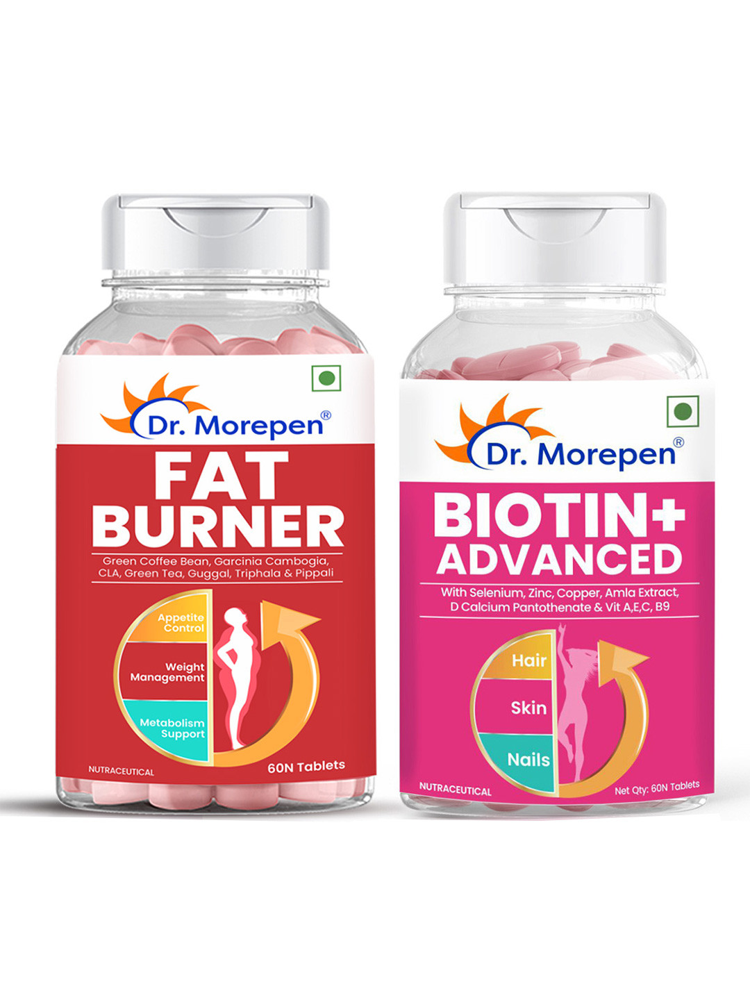 Dr. Morepen Set Of 2 Biotin+ Advanced & Fat Burner Tablets - 60 Tablets Each