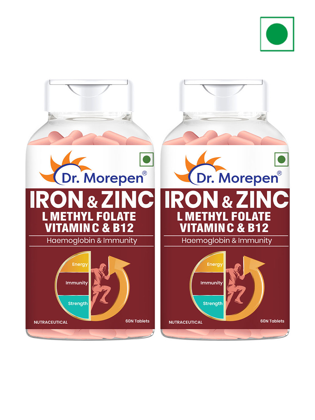 Dr. Morepen Set Of 2 Iron & Zinc Tablets With Vitamin C & B12 - 60 Tablets Each