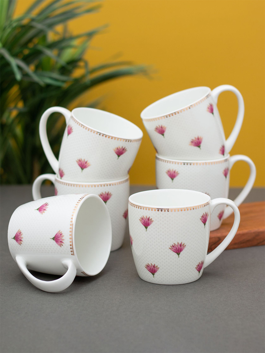 CLAY CRAFT Golden Chintz White Floral Ceramic Handmade 6 Piece Mugs-200ml