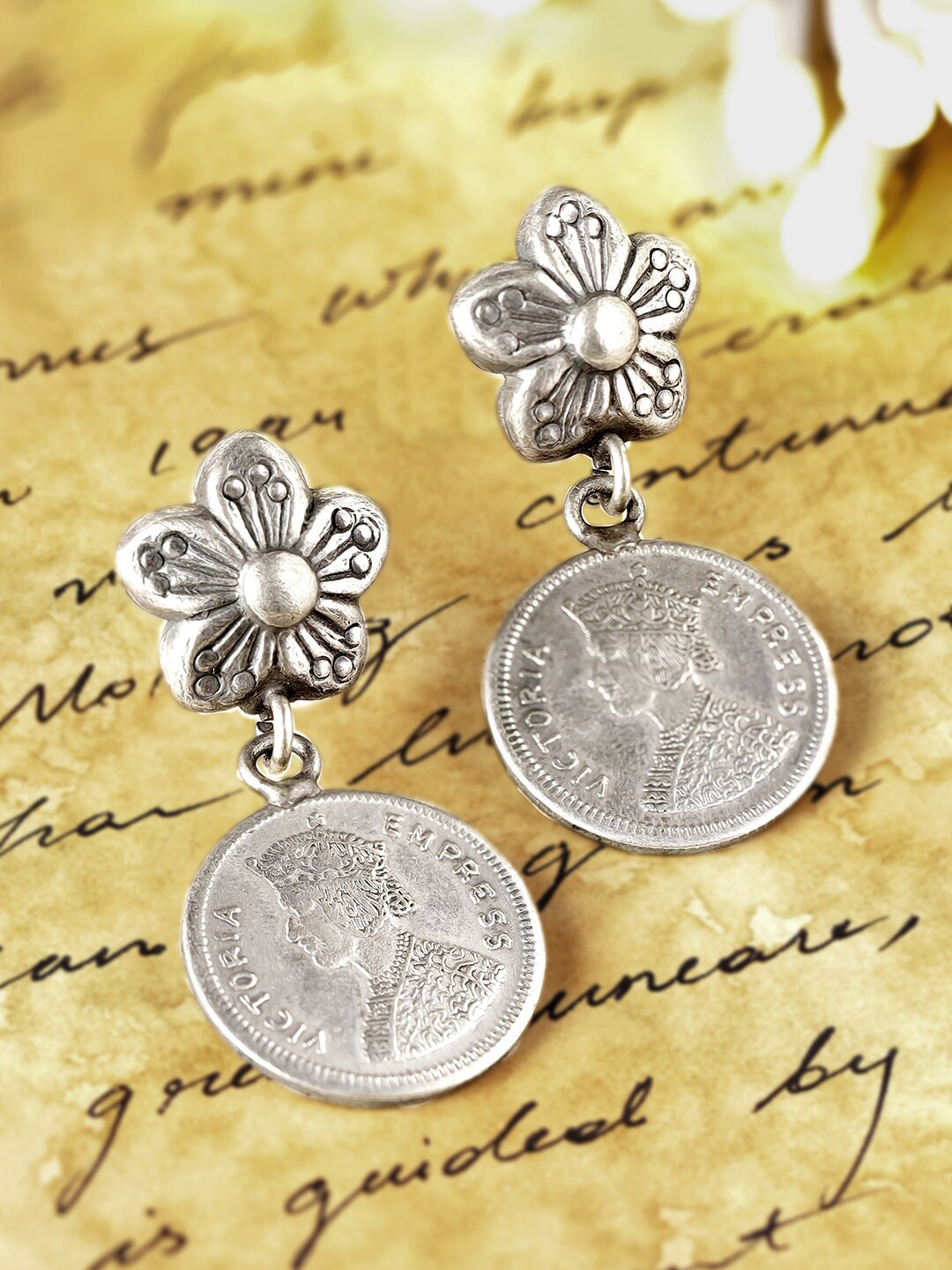 Rubans Oxidised Silver-Plated Floral Stud Vintage Coin Drop Earrings