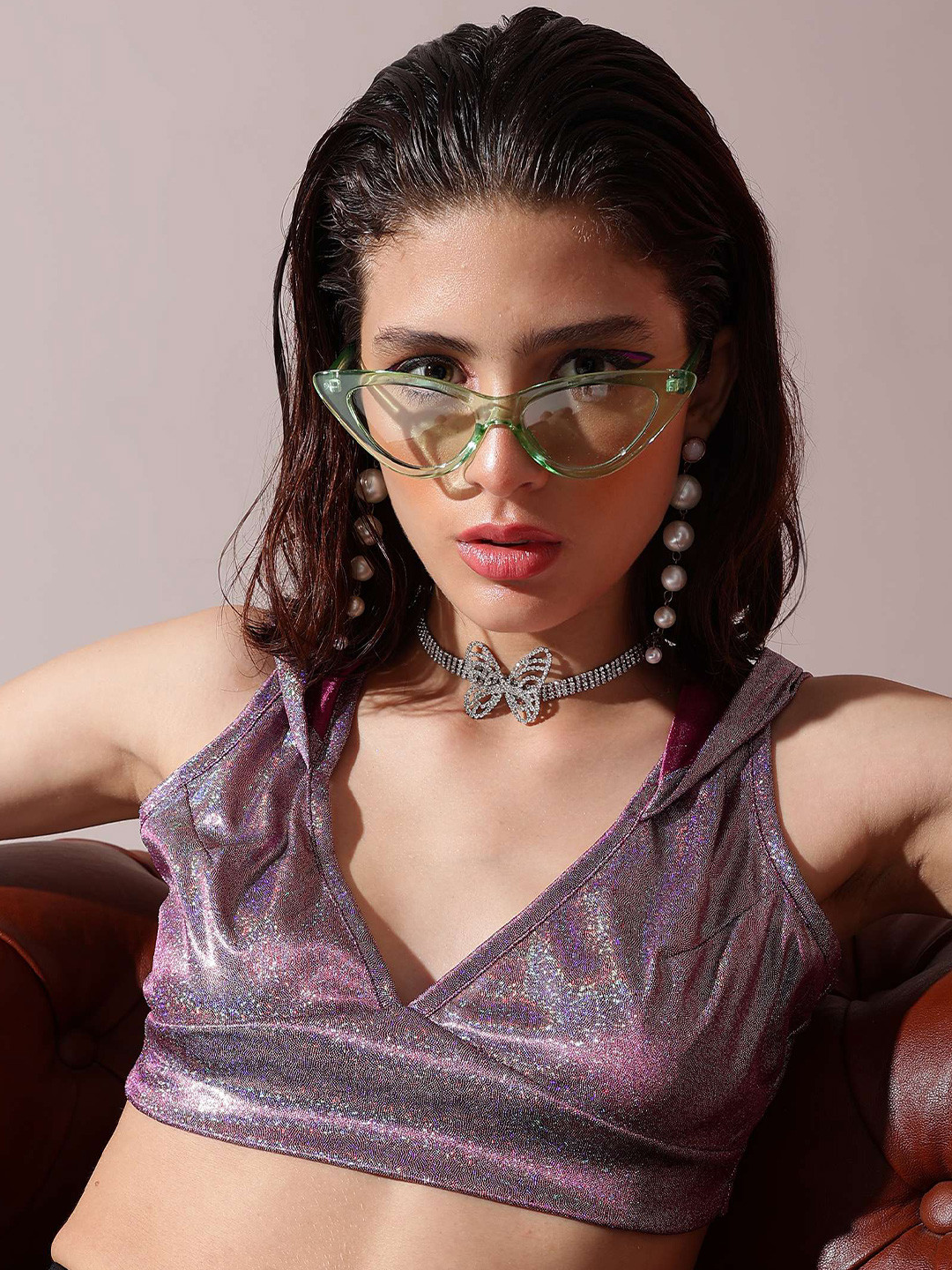 Oomph! Purple Sheen V-Neck Crop Top