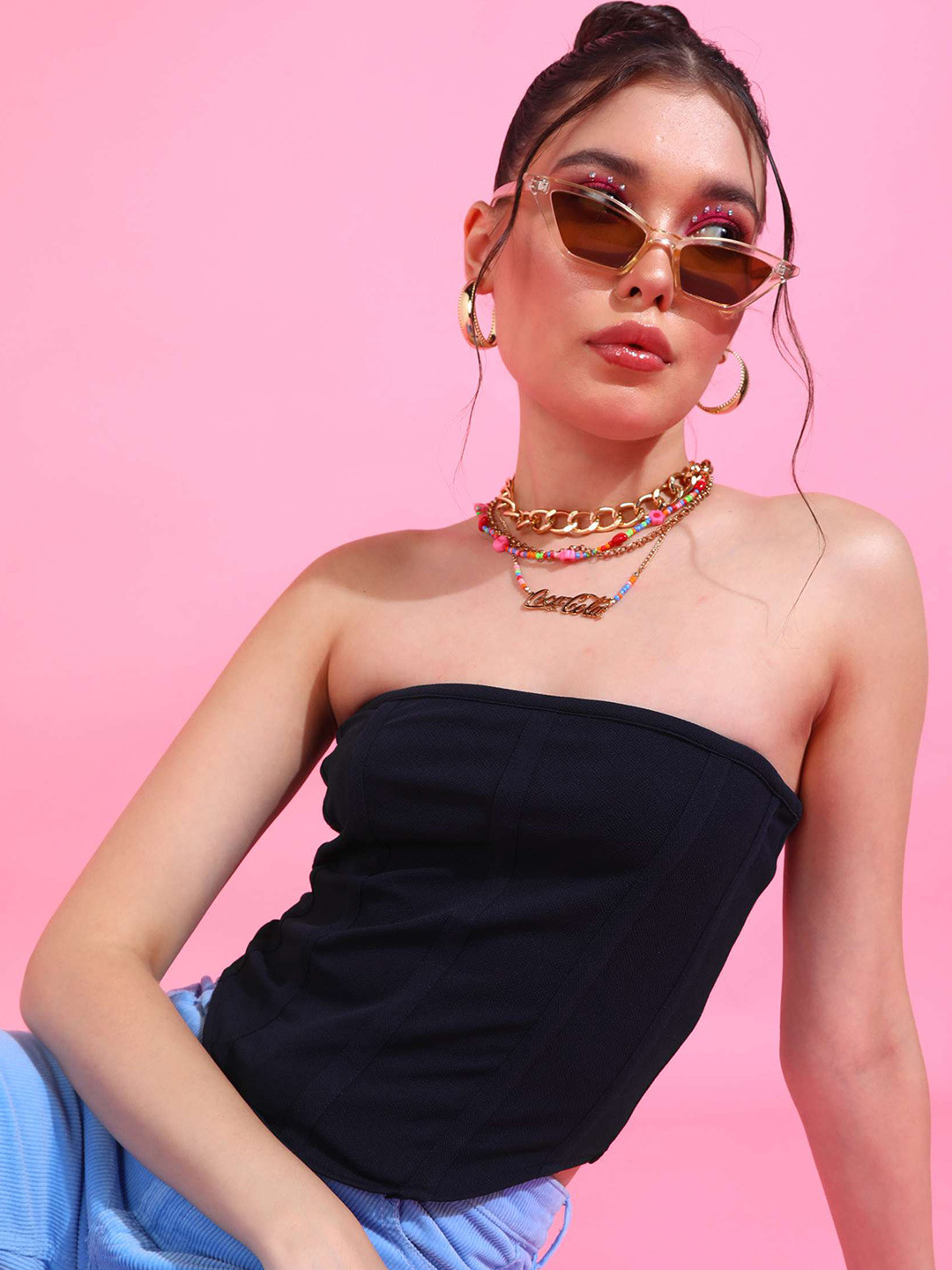 Oomph! Navy Blue Strapless Cropped Tube Top