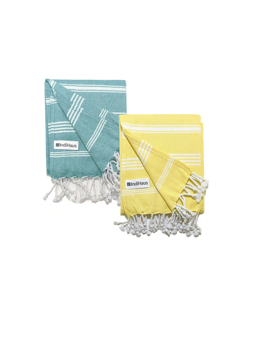 Indihaus Teal Blue & Yellow 2 Pcs Striped Cotton 250 GSM Bath Towels