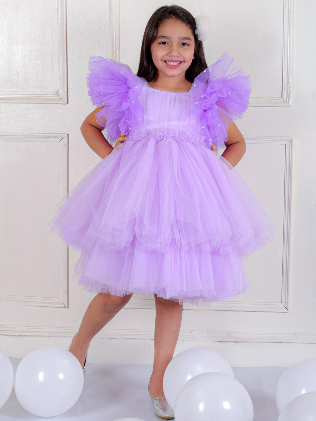 Ka-mee Girls Embellished Flutter Sleeves Layered Net Fit & Flare Dress