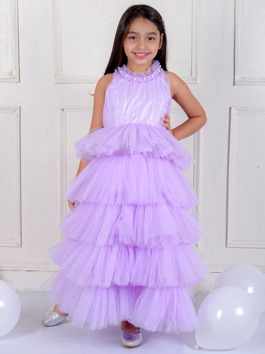 Ka-mee Girls Embellished Flutter Sleeves Layered Net Fit & Flare Dress