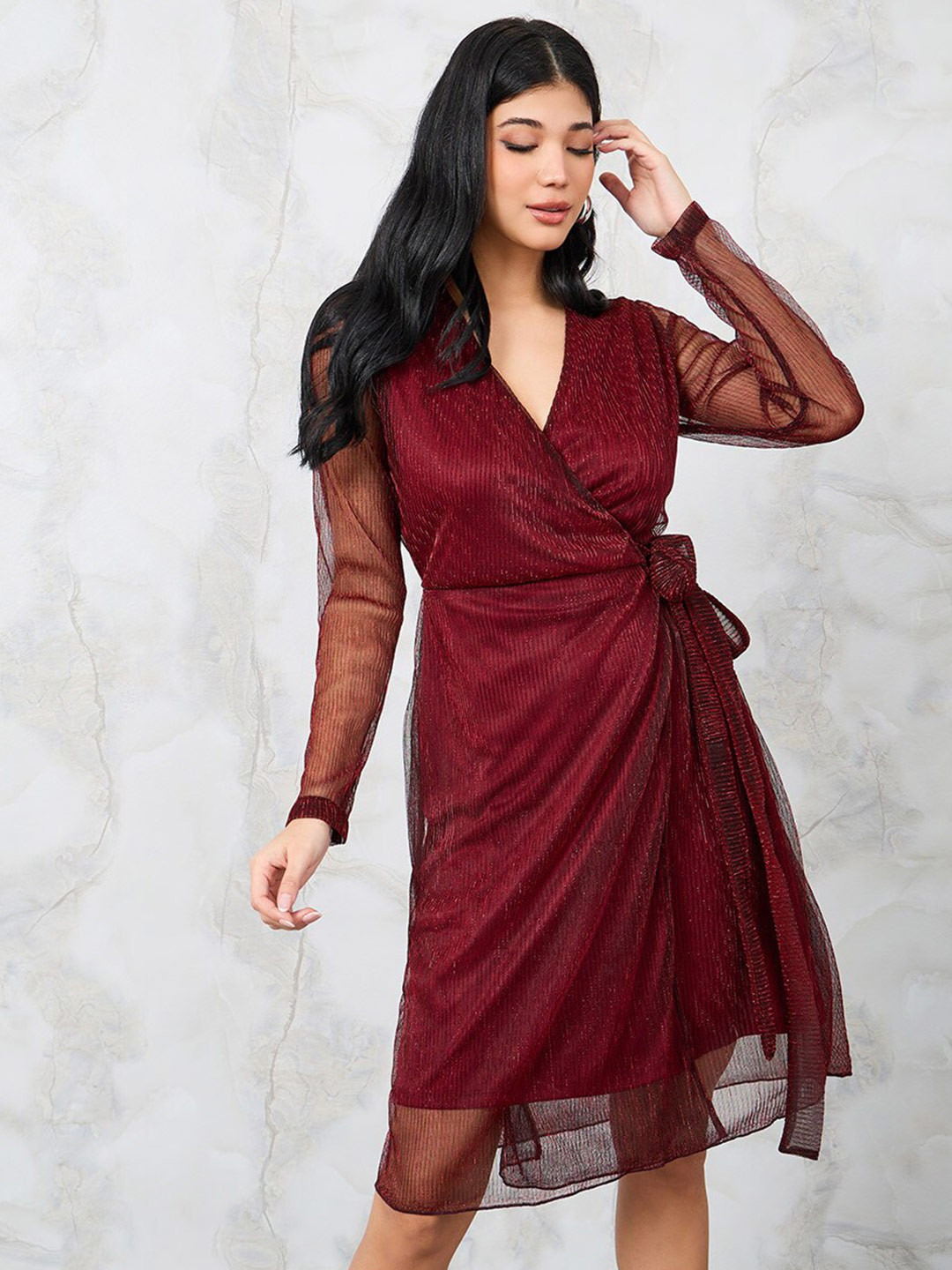 Styli Striped V-Neck Midi Wrap Dress