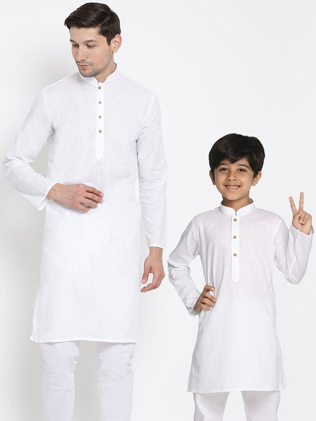 VASTRAMAY Mandarin Collar White Romance Cotton Linen Straight Kurta