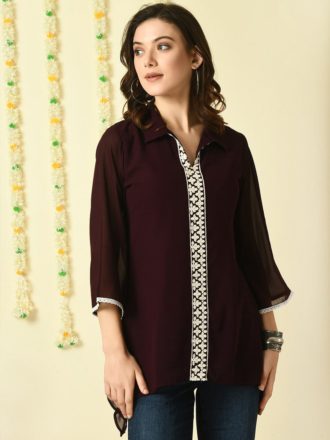 Myshka Floral Embroidered Mandarin Collar Flared Sleeves Georgette Longline Top