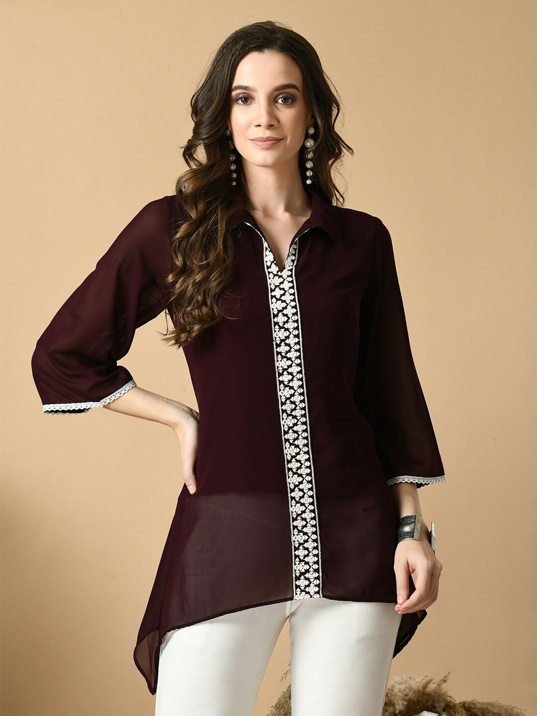 Sangria Embroidered Shirt Collar Georgette Tunic
