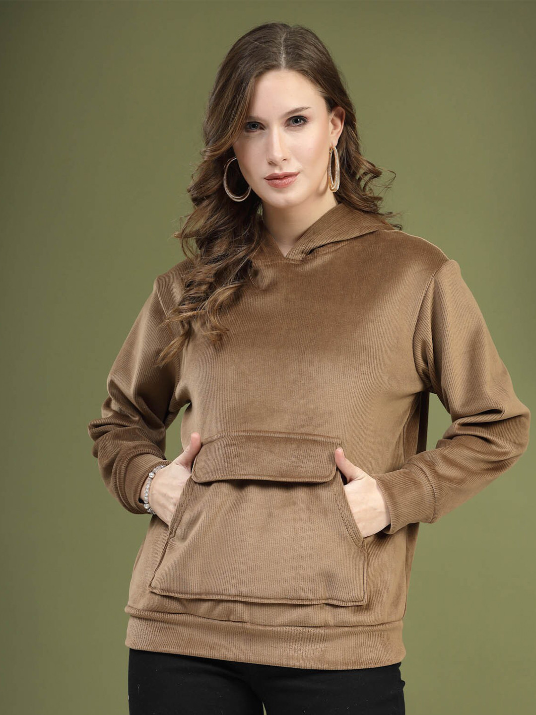 plusS Brown Hooded Long Sleeves Pullover Sweatshirt