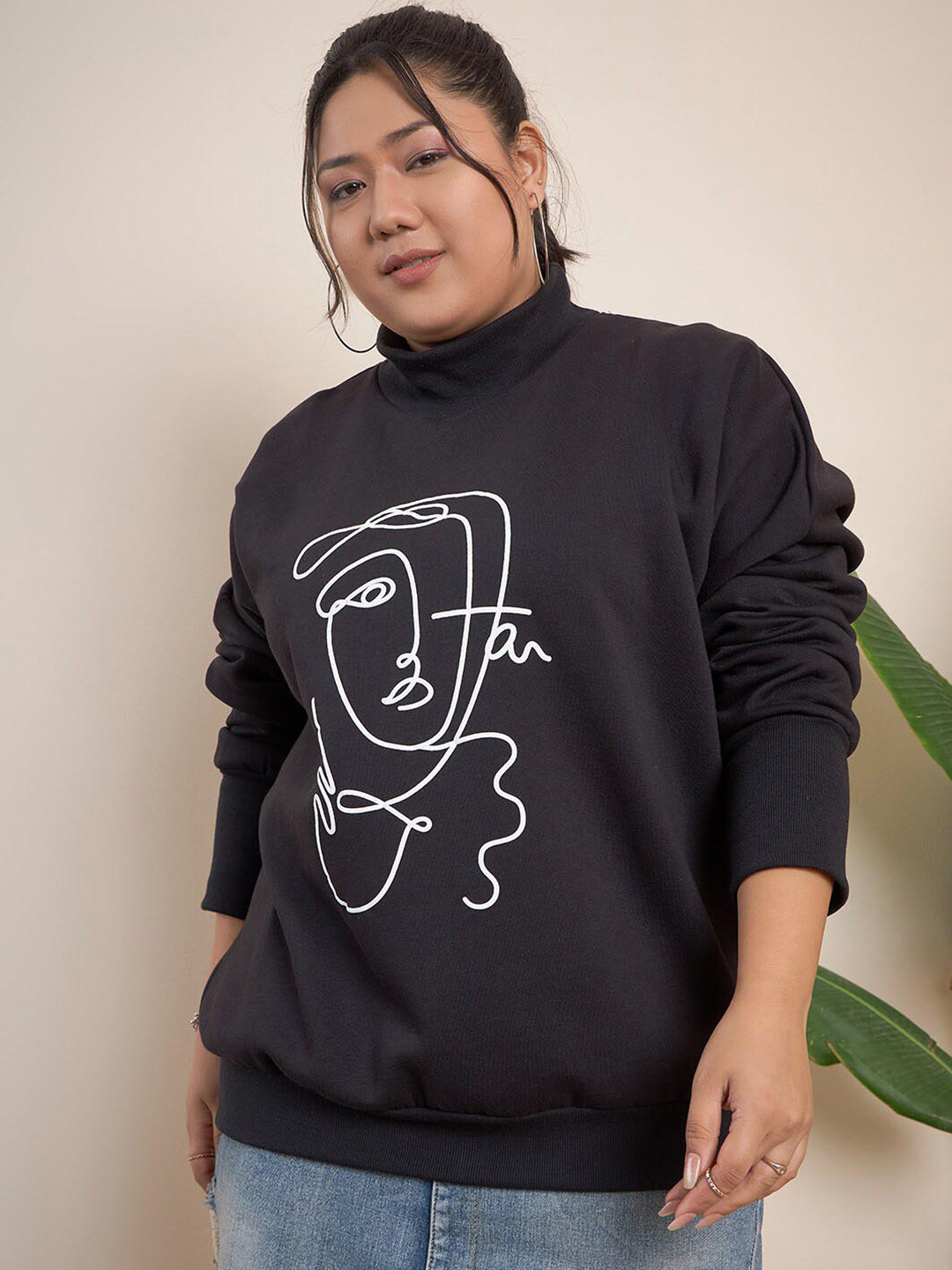 CURVY STREET Plus Size Graphic Printed Turtle Neck Pure Cotton Pullover