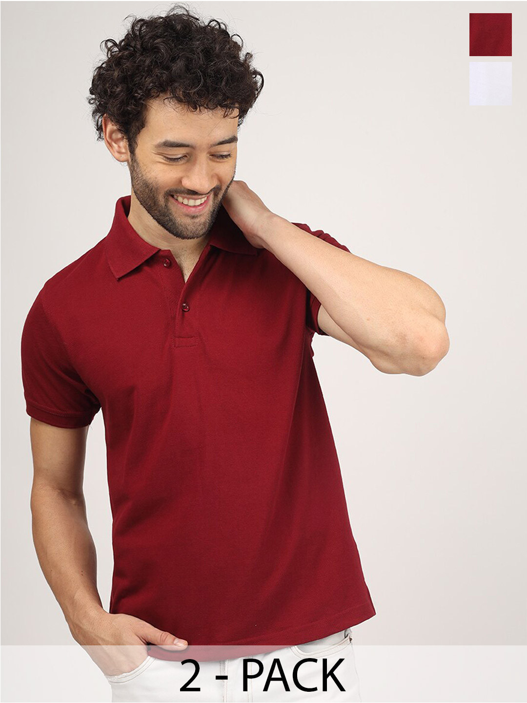 Greylongg Men Solid White & Maroon Cotton Regular Fit Polo T-shirt