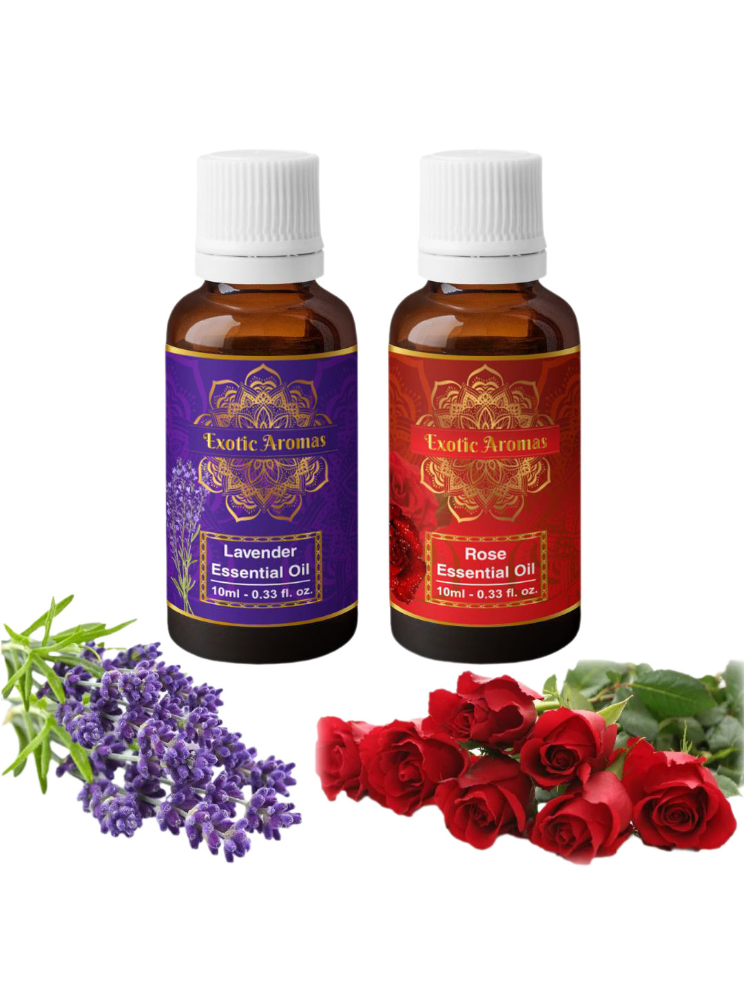 EXOTIC AROMAS Set Of 2 Lavender & Rose Essential Oil - 10ml Each