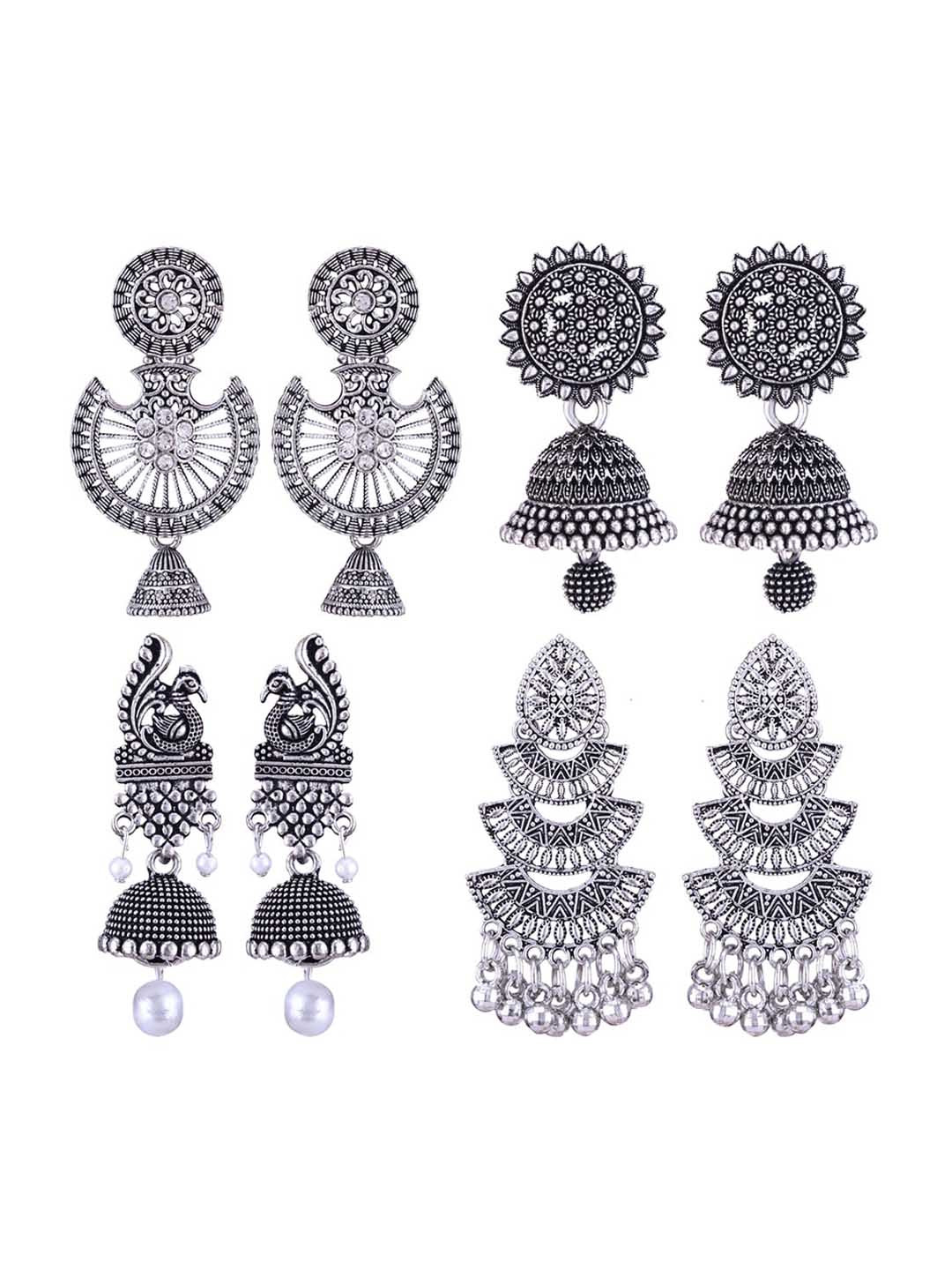 MEENAZ Set Of 4 Silver Plated Peacock Shaped Oxidised Jhumkas