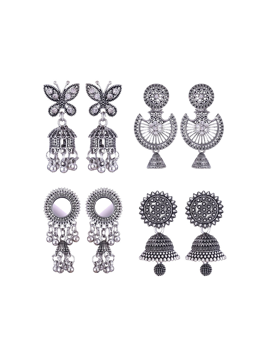 MEENAZ Set Of 4 Silver Plated Peacock Shaped Oxidized Jhumkas