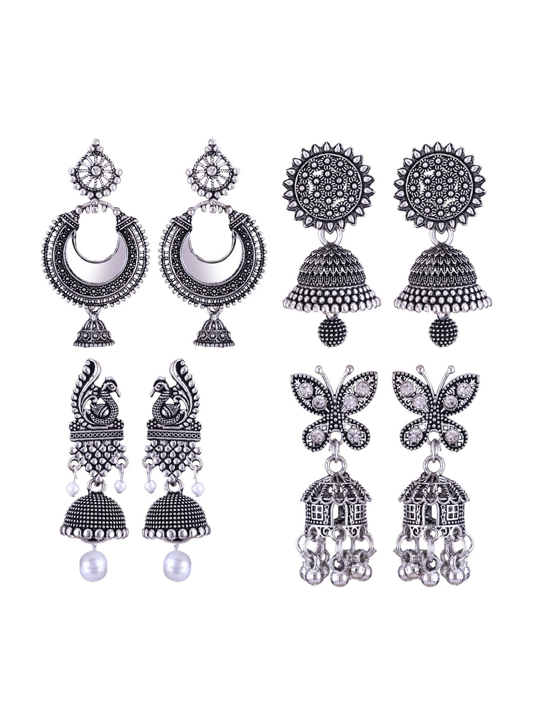 MEENAZ Set Of 4 Silver-Plated Stone-Studded & Beaded Stainless Steel Oxidised Jhumkas