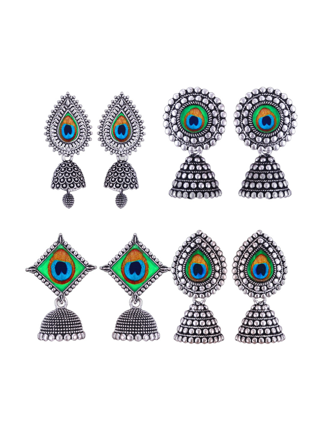 MEENAZ Set Of 4 Silver-Plated Oxidised Peacock Detail Dome Shaped Jhumkas