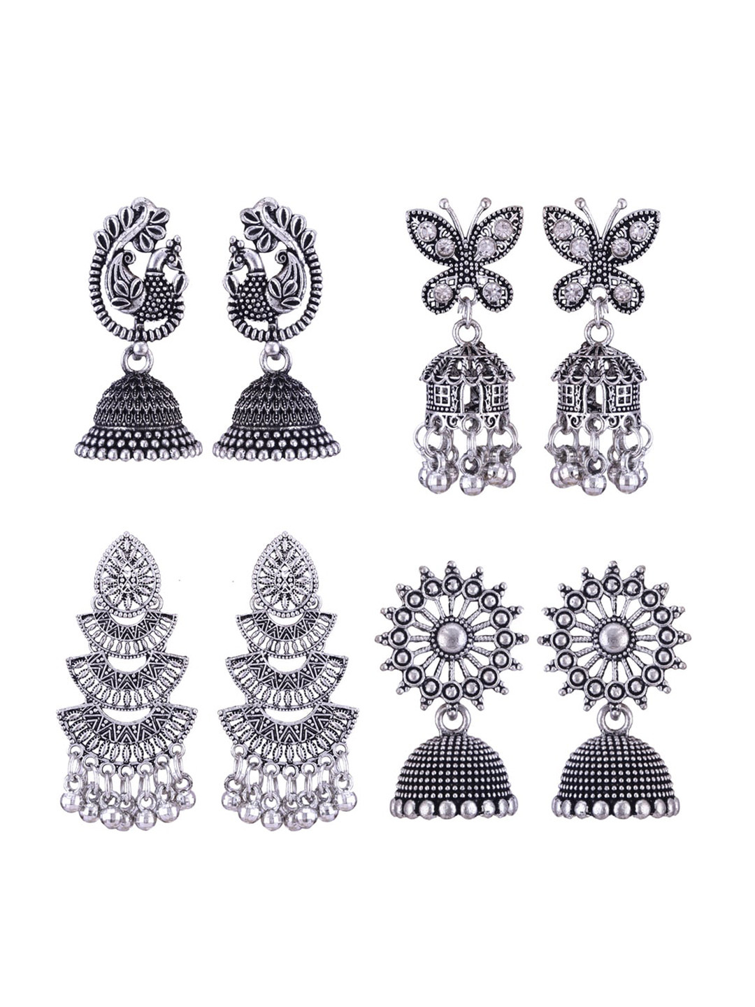 MEENAZ Set Of 4 Silver-Plated Oxidised Dome Shaped Jhumkas