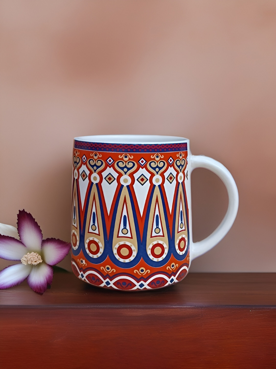 MITHILA Handicrafts Neil Name Personalised Red Ethnic Motifs Ceramic Microwave Safe 4 Piece Mug-280ml