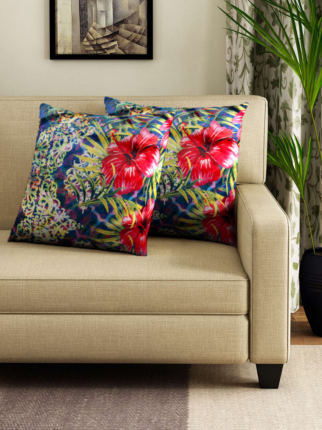 HOUZZCODE Multi Floral Velvet Washable 2 Piece Square Cushion Covers - 16 x 16 Inches