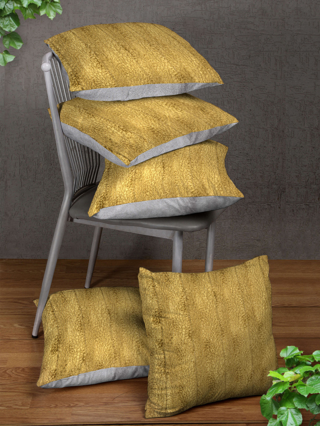 HOUZZCODE Yellow Striped Velvet Washable 5 Pcs Textured Square Cushion Covers - 12x12In