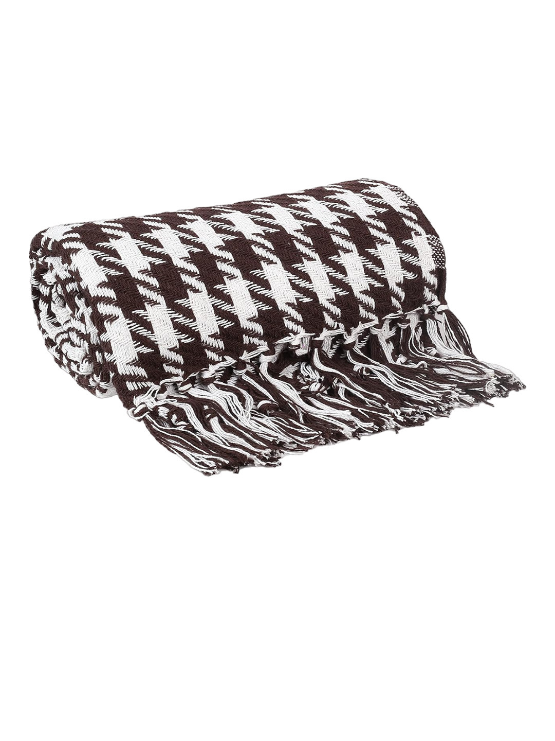 CAZIMO Brown & White Self Design Cotton Blanket Throw